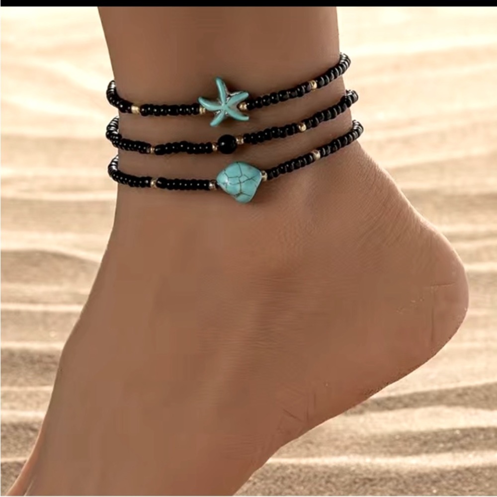 3 Piece “Under the Sea” Ankle Bracelet Set! Turquoise & Black Beads